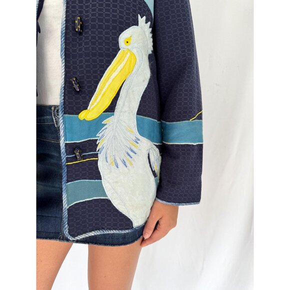 90s vintage blue novelty tropical bird vacation embroidered patchwork jacket - Picture 9 of 10